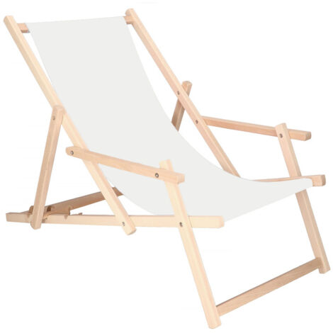 Tumbona de madera con reposabrazos, blanca, para jardín o playa.