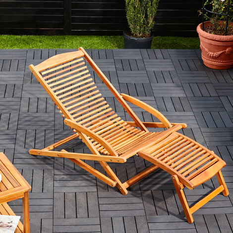 Deuba 2 en 1 tumbona y silla de madera de Acacia con reposapiés extraíble inclinable con un cojín 152x70x74cm para jardín