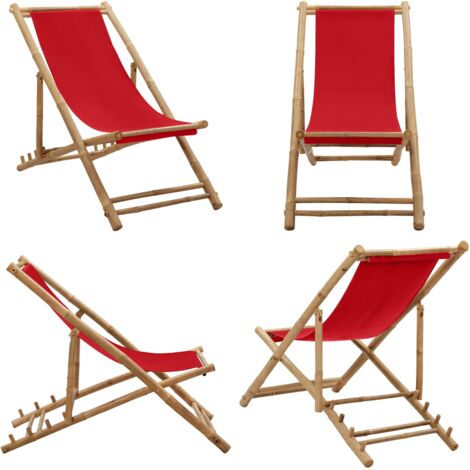 Tumbona de playa de bambú y lona roja - Tumbona de jardín - Tumbona de camping