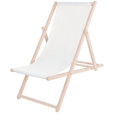 Tumbona de playa plegable, de madera con material blanco.