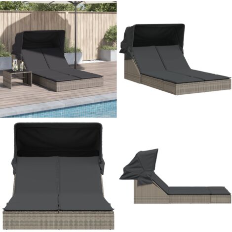 Tumbona doble con capota y cojines ratán sintético gris - Tumbona con toldo - Tumbona exterior