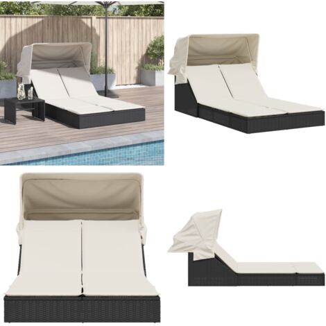 Tumbona doble con capota y cojines ratán sintético negro - Tumbona con toldo - Tumbona exterior