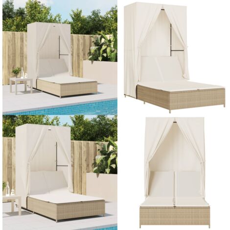 Tumbona doble con techo y cortinas ratán sintético beige - Ratán sintético - Cojín acolchado