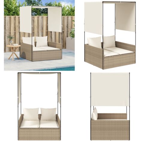 Tumbona doble con techo y cortinas ratán sintético beige - Ratán sintético - Techo exterior
