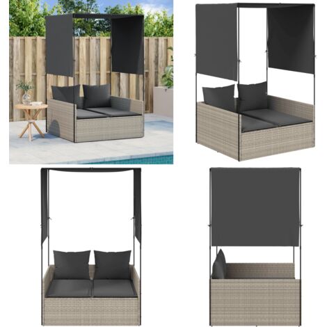 Tumbona doble con techo y cortinas ratán sintético gris claro - Ratán sintético - Techo exterior