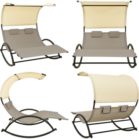 Tumbona doble con toldo textilene color gris taupe y crema - Tumbona con toldo - Tumbona exterior