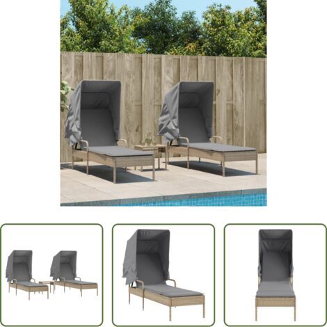 Tumbona exterior - Tumbonas con capota y mesa 2 uds ratán sintético beige