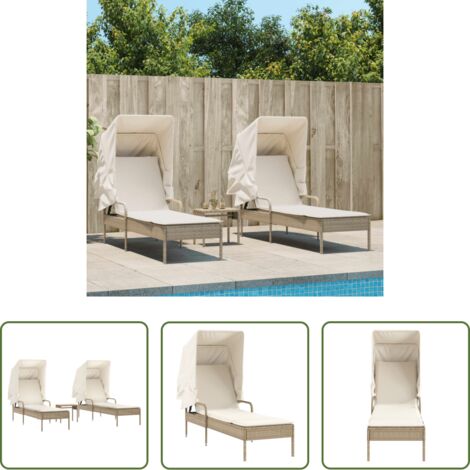 Tumbona exterior - Tumbonas con capota y mesa 2 uds ratán sintético beige