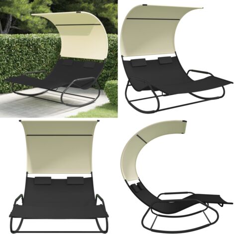 Tumbona mecedora doble con toldo negro y crema - Tumbona doble - Tumbona exterior