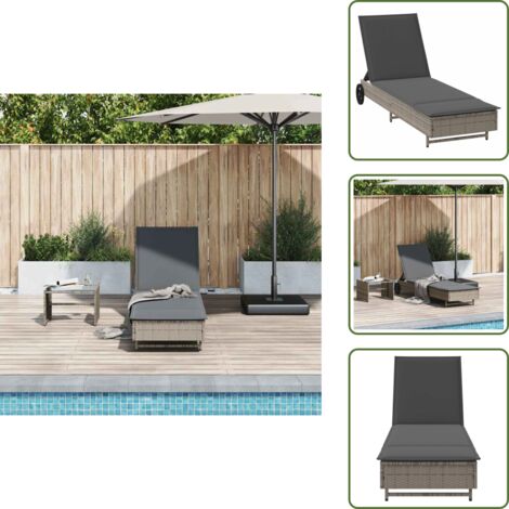 Tumbona para piscina - vidaXL Tumbona con ruedas y cojín ratán sintético gris - Tumbona para balcón