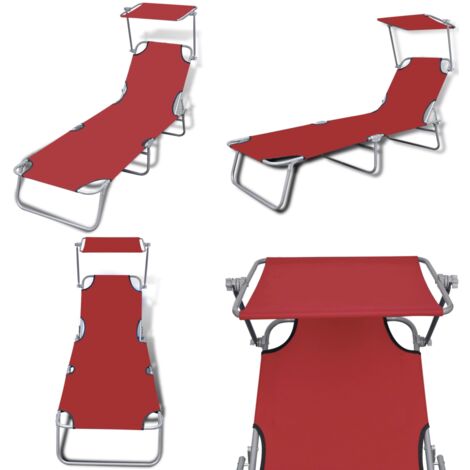 Tumbona plegable con capota acero y tela roja - Toldo ajustable - Acero inoxidable