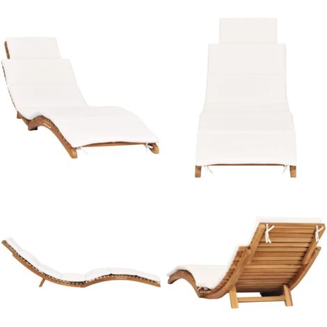 Tumbona plegable con cojín blanco crema madera maciza de teca - Tumbona plegable - Tumbona de jardín
