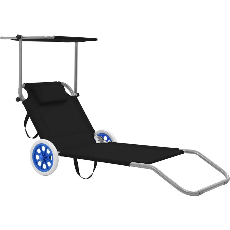 

Tumbona plegable con parasol y ruedas de acero negra