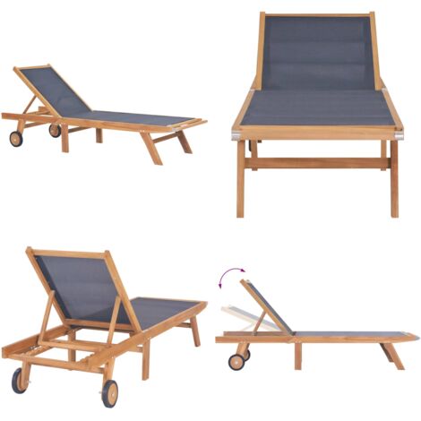 Tumbona plegable con ruedas teca maciza y textileno - Tumbona plegable - Teca maciza