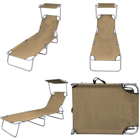 Tumbona plegable con toldo de acero taupé - Toldo ajustable - Tumbona de acero