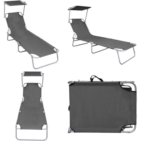 Tumbona plegable con toldo de aluminio gris - Tumbona con toldo - Tumbona al aire libre