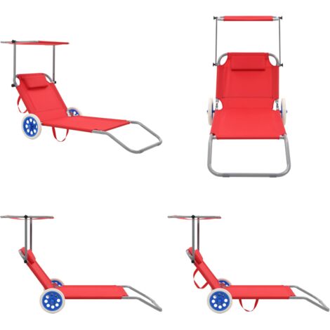 Tumbona plegable con toldo y ruedas acero roja - Toldo ajustable - Silla de playa