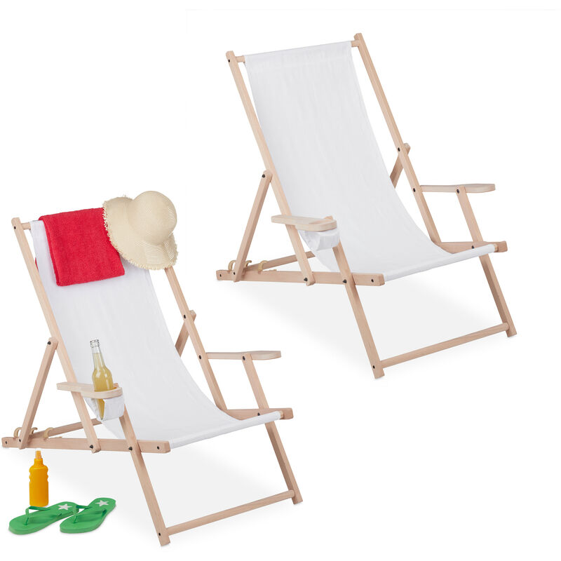 

Tumbona Plegable Set de 2, Madera y Tela, 3 Posiciones, Reposabrazos, Soporte para Bebidas, Color Blanco