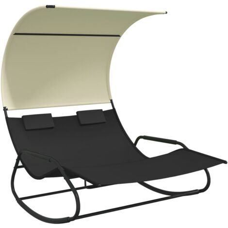 Tumbona tumbona tumbona cama de jardín terraza doble mecedora muebles de exterior con toldo negro y crema 020012766