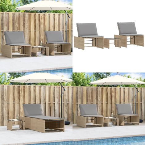 Tumbonas 2 piezas con mesa ratán sintético beige - Mesa de exterior - Ratán sintético