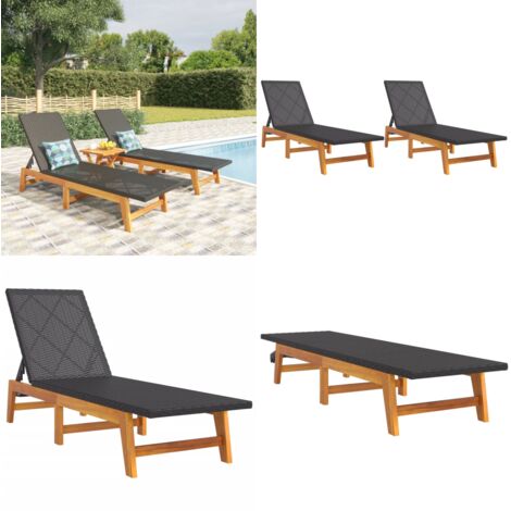 Tumbonas 2 uds ratán y madera maciza acacia marrón y negro - Tumbona de acacia - Tumbona exterior