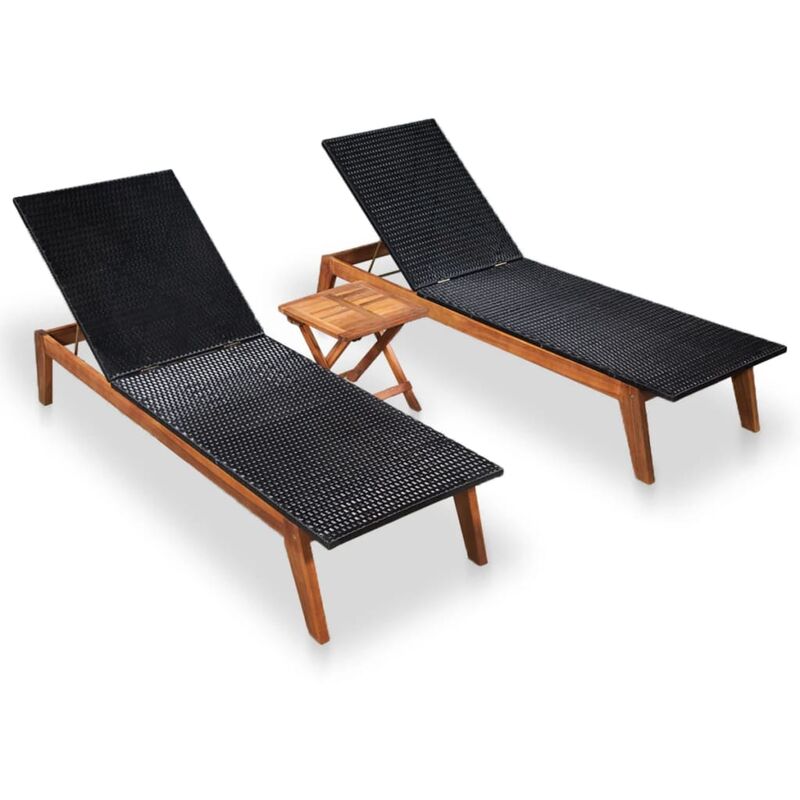 

vidaXL Tumbonas 2 unidades con mesa ratán sintético y madera de acacia - Negro
