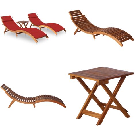 Tumbonas 2 unidades con mesa y cojines madera maciza de acacia - Mesa de exterior - Cojines para tumbonas