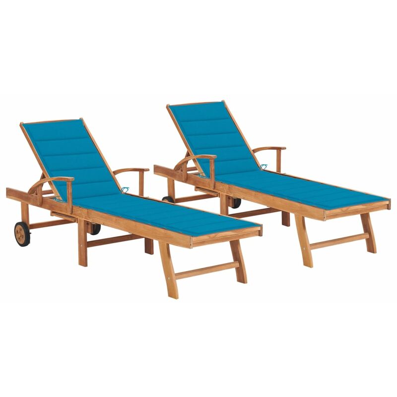 

Tumbonas 2 unidades madera maciza de teca con cojín azul