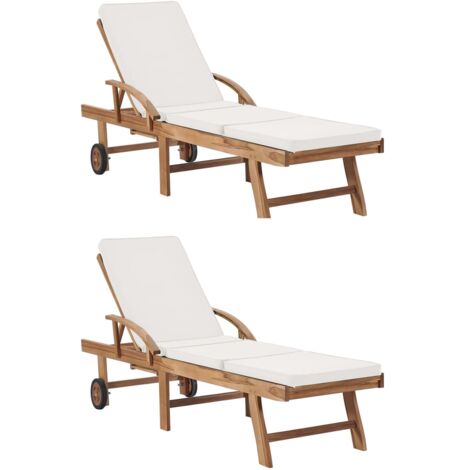 Tumbonas con cojín 2 uds madera maciza de teca crema