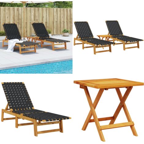 Tumbonas con mesa 2 unidades madera maciza de acacia negro - Tumbona con mesa - Tumbona de acacia