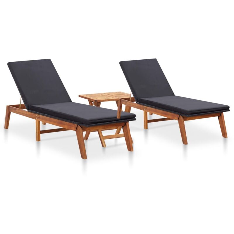 

vidaXL Tumbonas con mesa 2 unidades ratán sintético y madera de acacia - Negro