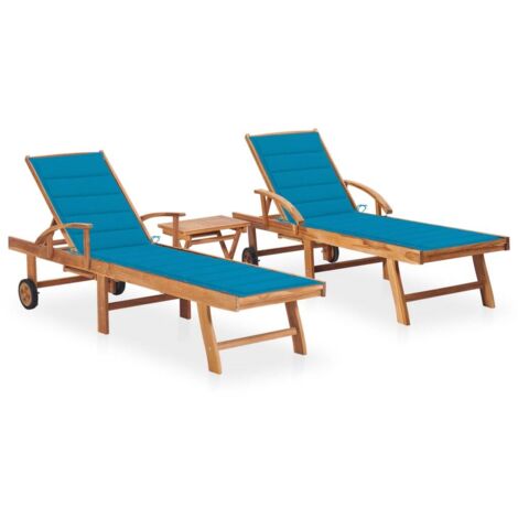 Tumbonas con mesa y cojín 2 unidades madera maciza de teca