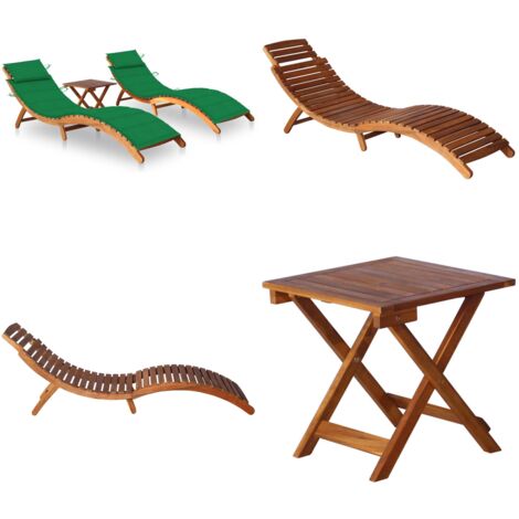 Tumbonas con mesa y cojines 2 uds madera maciza de acacia - Madera de acacia - Cojines para tumbonas