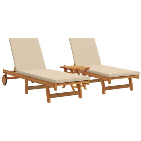 Tumbonas con ruedas de vidaXL, 2 piezas, con mesa y cojín de madera de acacia maciza
