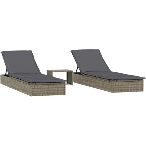 Tumbonas de 2 piezas con mesa de resina tejida gris 020012982