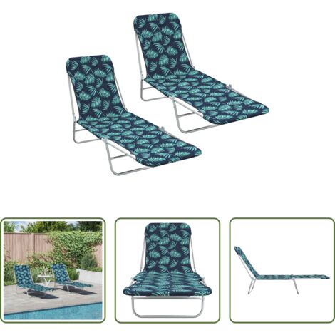 Tumbonas de camping -  Tumbonas plegables 2 unidades acero y tela estampado de hojas