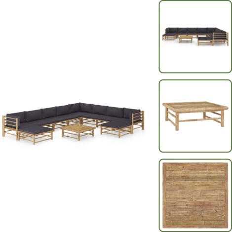 Tumbonas de jardín - vidaXL Set de muebles de jardín 11 pzas bambú con cojines gris oscuro - Sofás de jardín