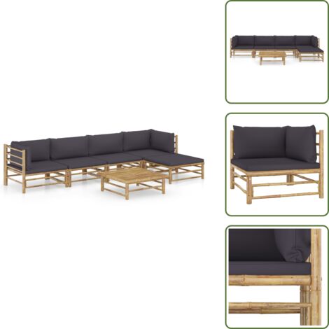 Tumbonas de jardín - vidaXL Set de muebles de jardín 6 piezas bambú con cojines gris oscuro - Sofás de jardín