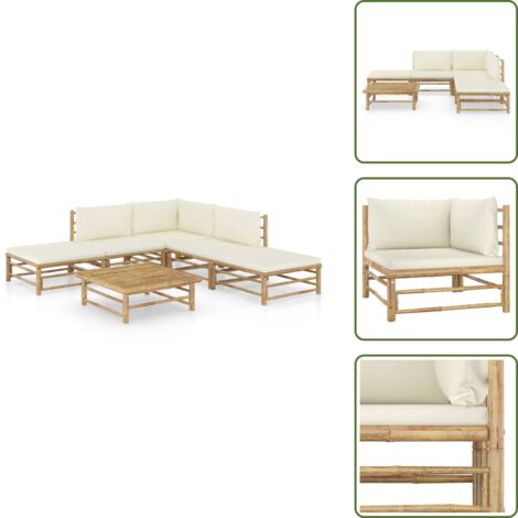 Tumbonas de jardín - vidaXL Set de muebles de jardín 6 piezas bambú y cojines blanco crema - Muebles modulares