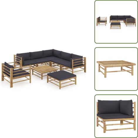 Tumbonas de jardín - vidaXL Set de muebles de jardín 8 piezas bambú con cojines gris oscuro - Muebles de bambú
