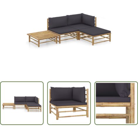 Tumbonas -  Set de muebles de jardín 4 piezas bambú con cojines gris oscuro