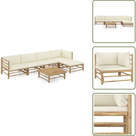 Tumbonas - vidaXL Set de muebles de jardín 6 piezas bambú y cojines blanco crema - Sofás de jardín