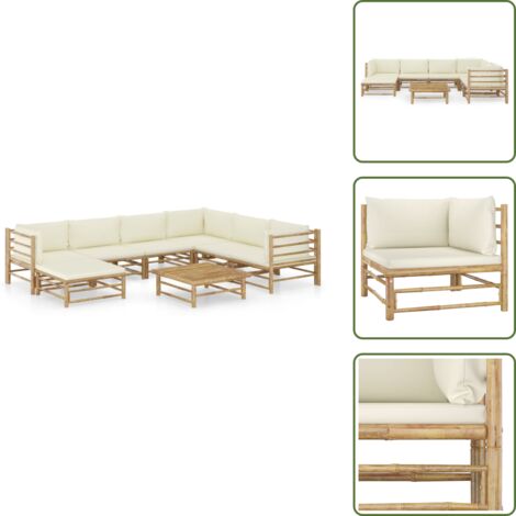 Tumbonas - vidaXL Set de muebles de jardín 8 piezas bambú y cojines blanco crema - Sofás de jardín