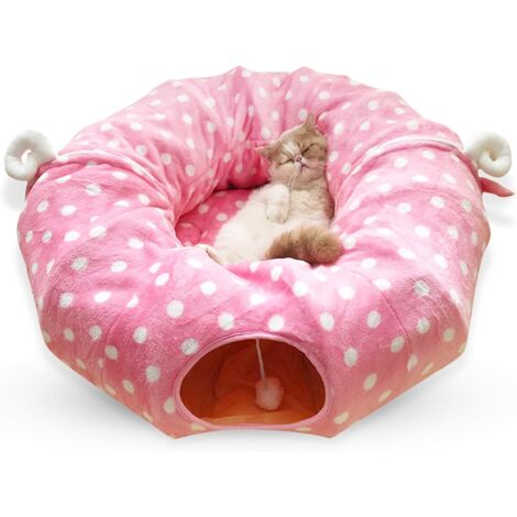 Túnel plegable para gatos, cama y juguete rosa