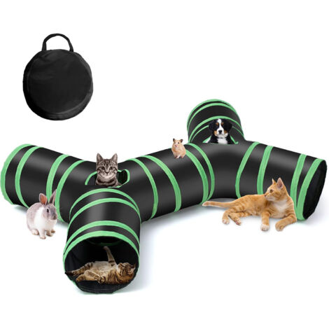Tunnel de chat de type osseux amélioré, Tube de tunnel de jeu pliable à 4 voies pour chat avec sac de rangement pour chats, chiots, lapins, furets, cochons d'Inde, utilisation intérieure et extérieure