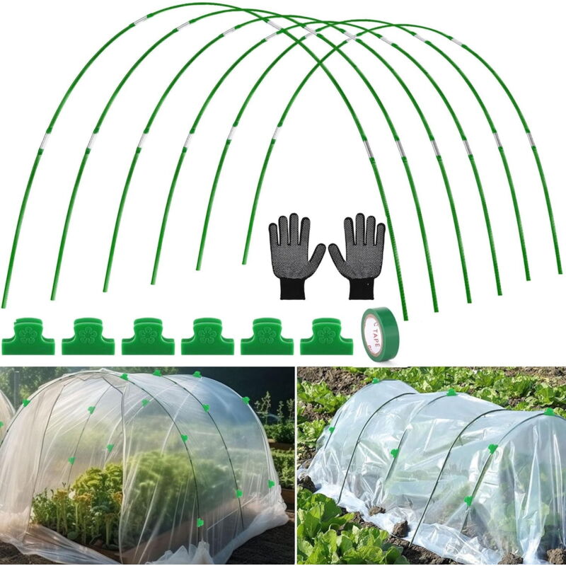 Tunnel de culture Garden Hoops, lot de 6 piquets de support pour plantes avec 1 jeu de gants, un rouleau de ruban adhésif et 6 clips