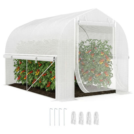 Tunnel de jardin 3x2x2m avec parois latérales enroulables, bâche plastique anti-UV et cadre en acier, blanc