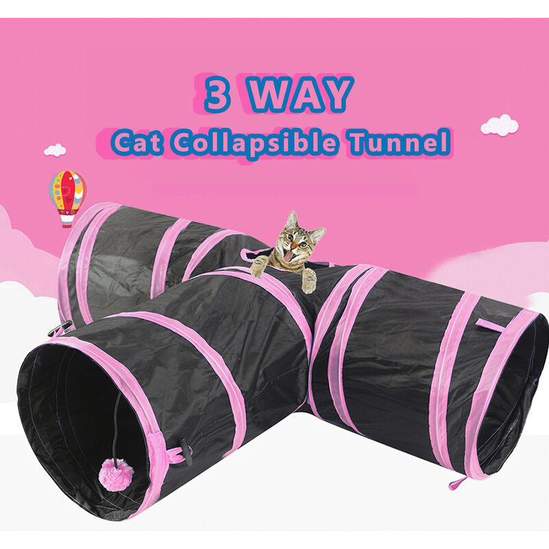 Tunnel pour chat, trois sorties, 24 cm de diametre, noir et rose