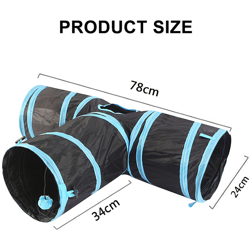 Tunnel pour chat, trois sorties, 24 cm de diametre, noir et Bleu