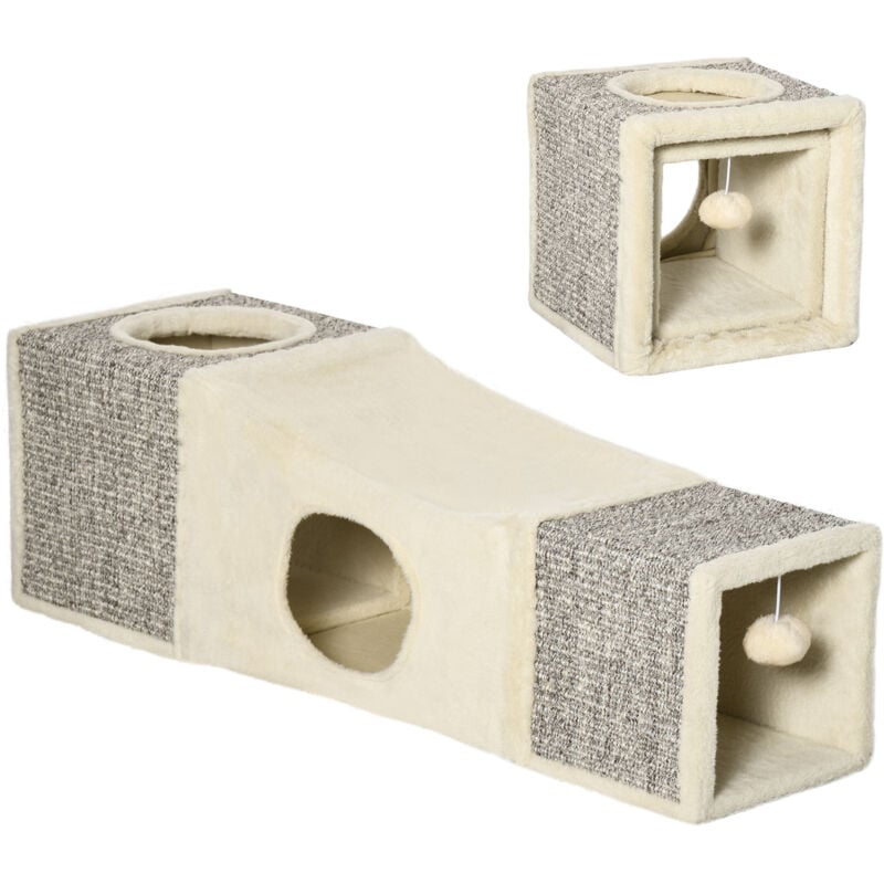 Tunnel grattoir niche modulable pour chat 3 en 1 - jeu balle suspendue - 4 entrées - peluche beige sisal grège